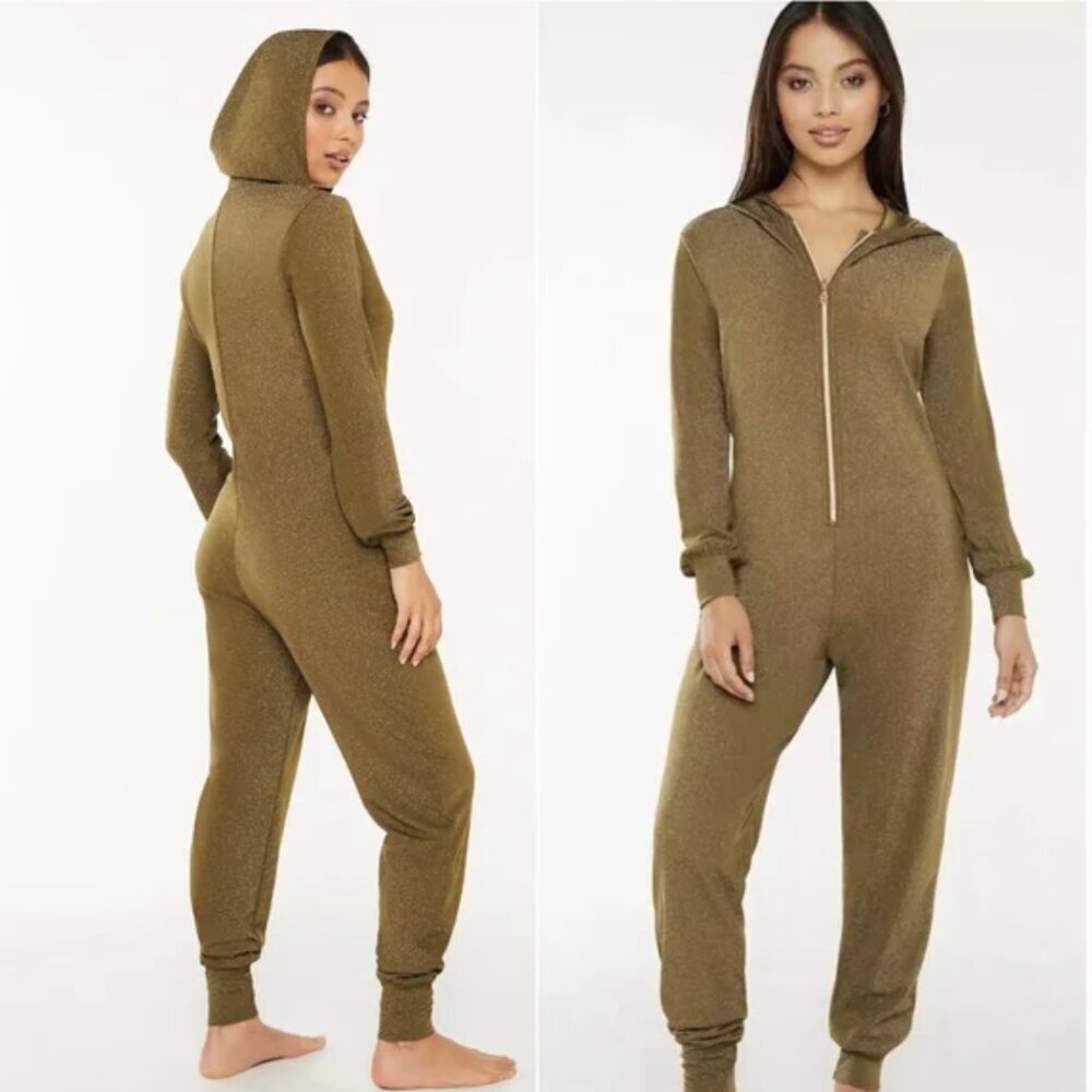Savage X Fenty Sleep & Shine Onsie Metallic Hooded Jumpsuit Zip Up Green XL